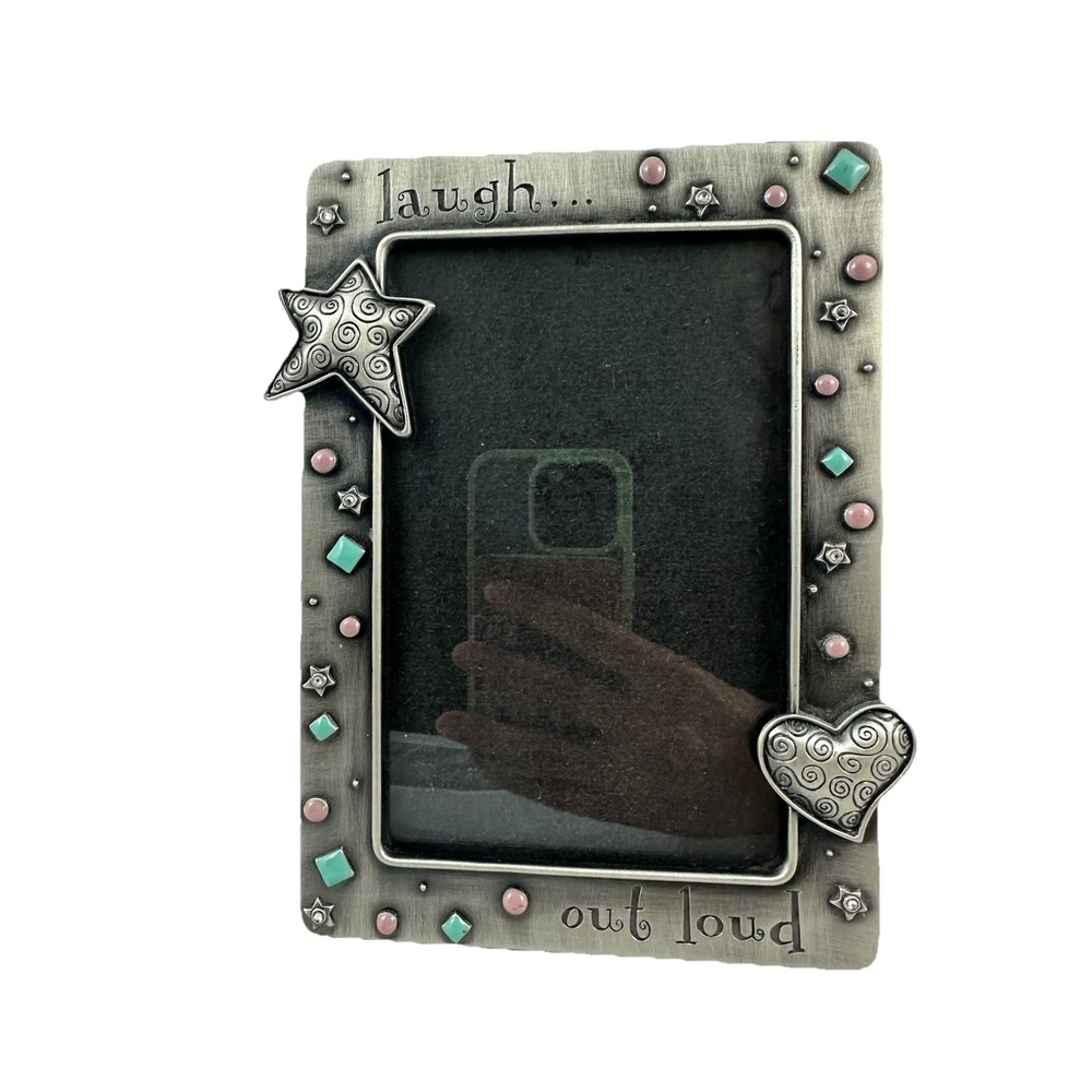 Fetco Picture Frame 4X6 Silver Laugh Out Loud Metal Heart Star Pink Blue Jeweled